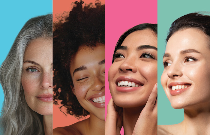 Collage of women smiling in front of multi-colored backgrounds. 
