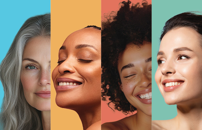 Collage of women smiling in front of multi-colored backgrounds. 