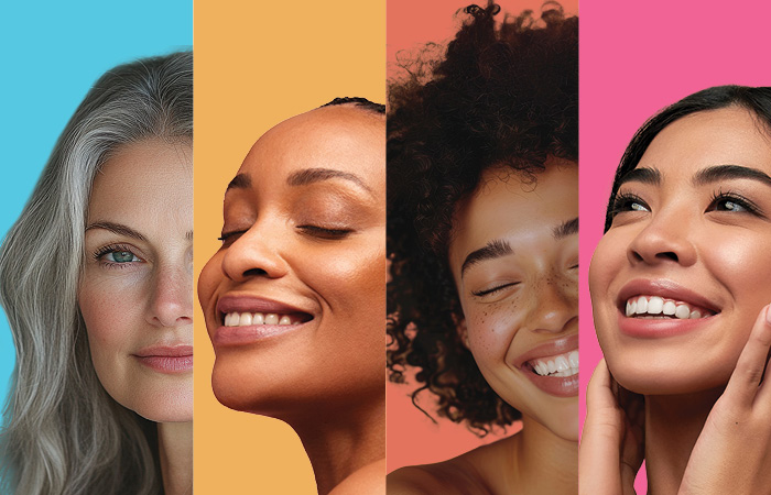Collage of women smiling in front of multi-colored backgrounds. 