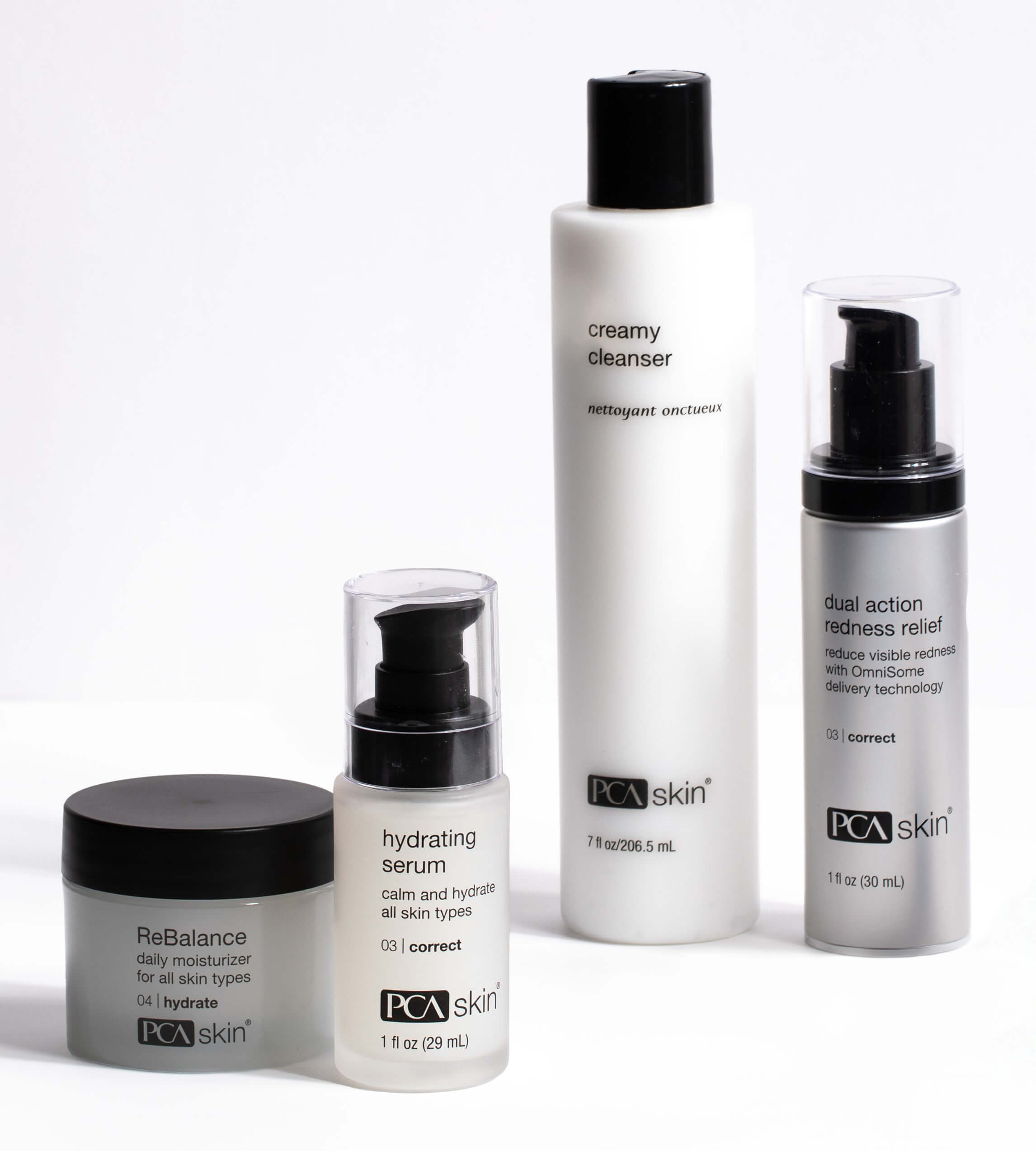 Collection of PCA Skin products in front of white background. 