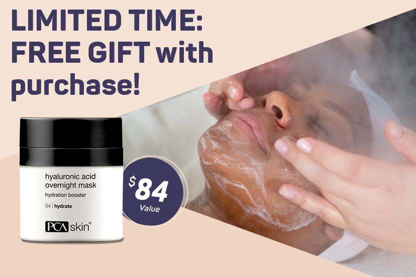 LIMITED TIME: FREE GIFT WITH PURCHSE. $ 84 Value. Bottle of hyaluronic acid overnight mask. 