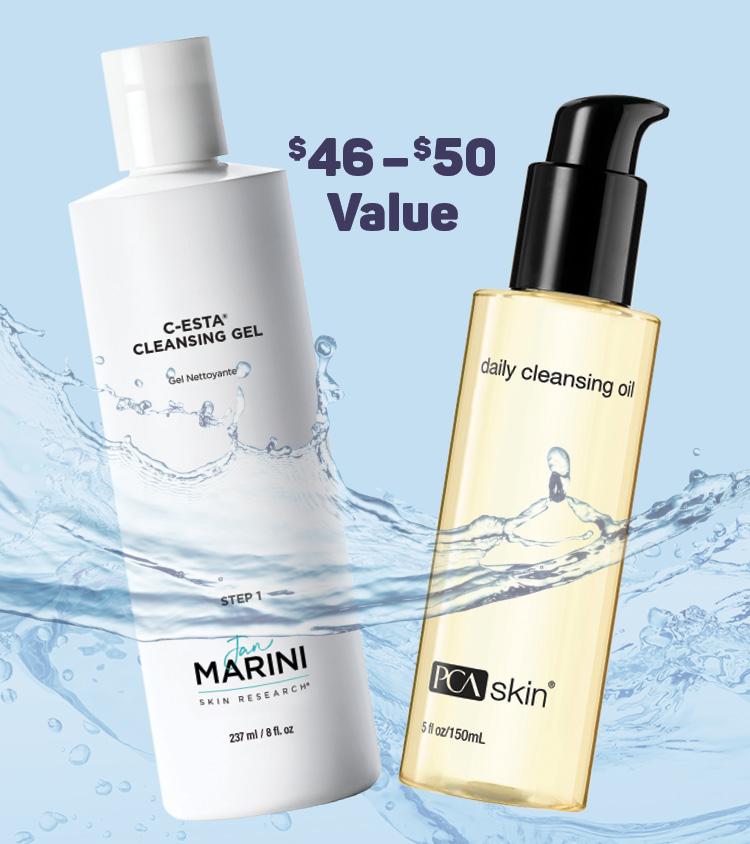 $46-$50 Value. Two bottles of cleansing oil in front of light blue background. 