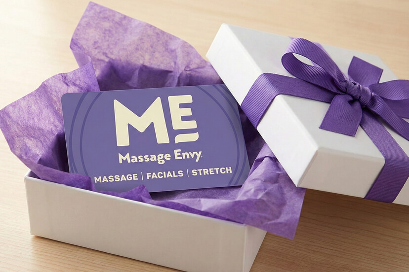 Massage Envy gift card inside of a box. 