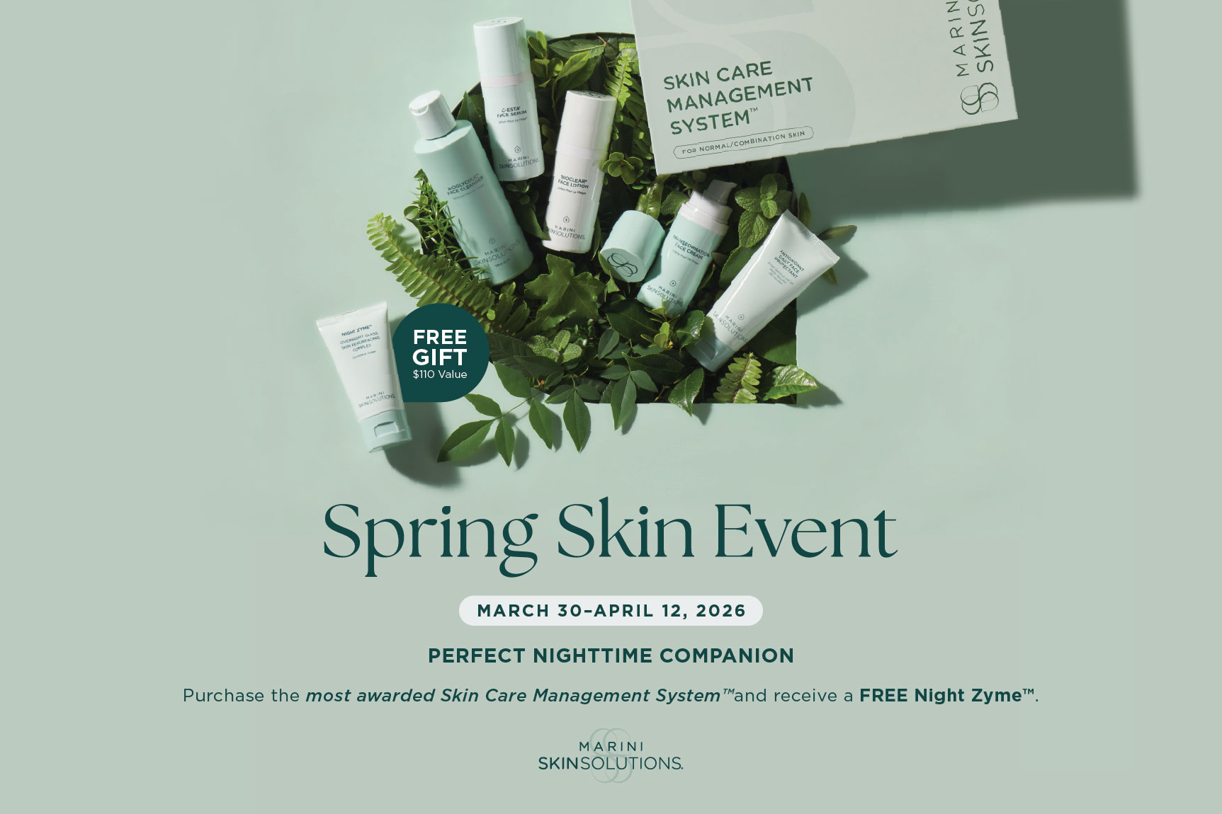 Collection of MSS skin care products.  Spring Skin Event. March 30-April 12, 2016. Perfect Nighttime Companion. 