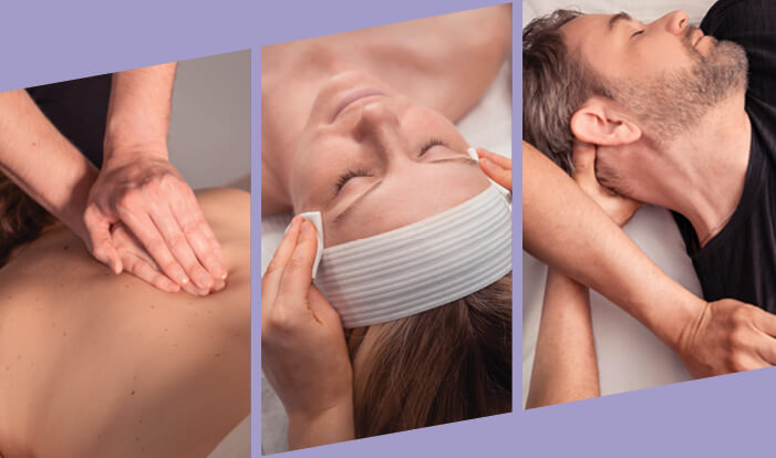Collage of clients receiving a massage service, a facial service, and a stretch service at a Massage Envy clinic. 