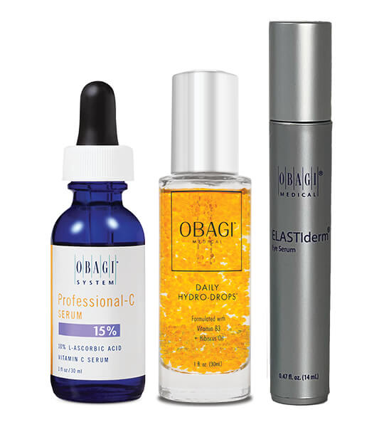 Set of three Obagi Medical products in front of white background. 