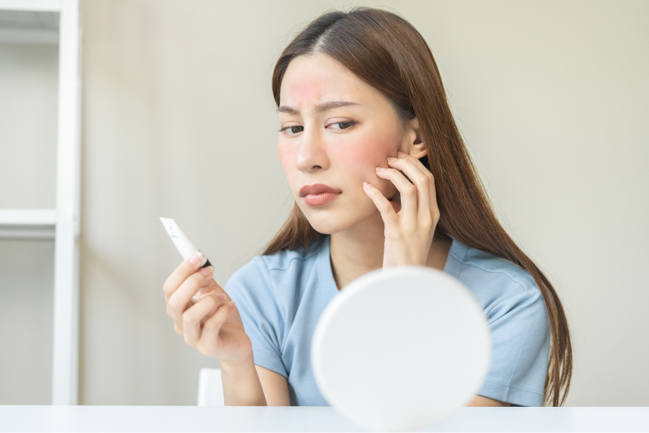 Woman scratching the side of her face. 